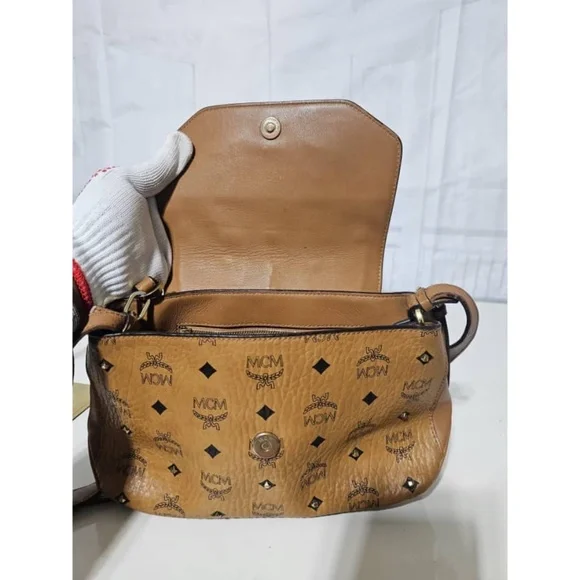 Authentic MCM Visetos Studded Crossbody Flap Messenger Cognac
